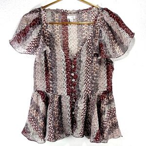 Anthropologie Odille 100% Silk Feather  Print Flutter Sleeve Blouse Size 4 Brown